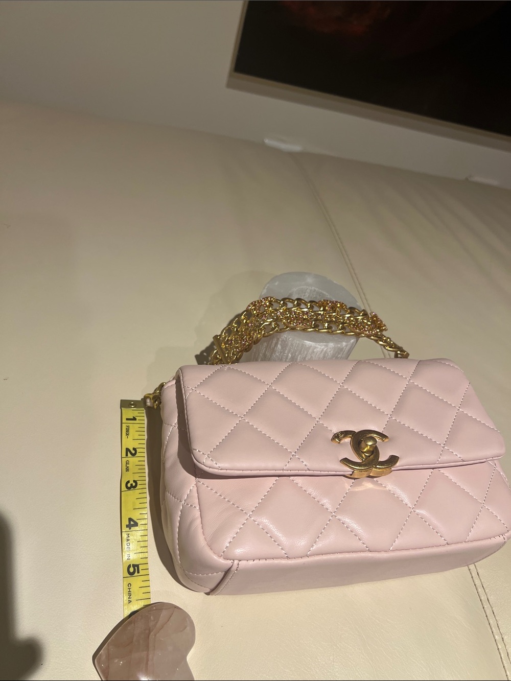 CHANEL Pink Quilted Mini Flap Bag with Gold & pink chain with pink rhinestones. - Picture 6 of 8